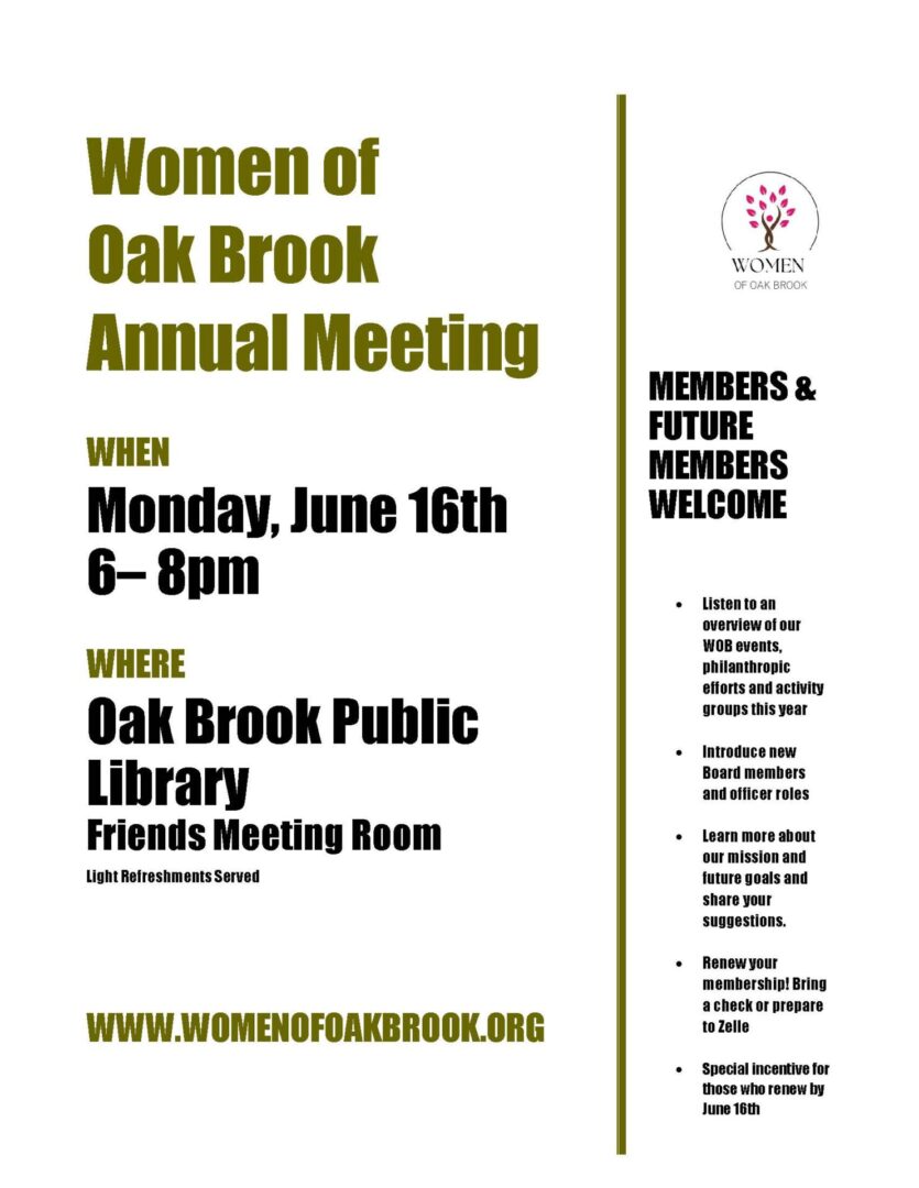 A flyer for the women of oak brook annual meeting.